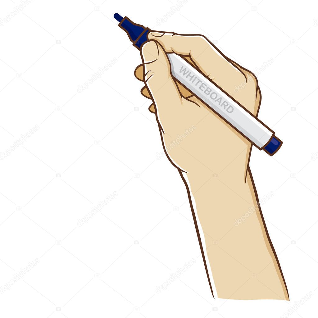 Vector illustration of a hand holding whiteboard marker ready to write, isolated on white background