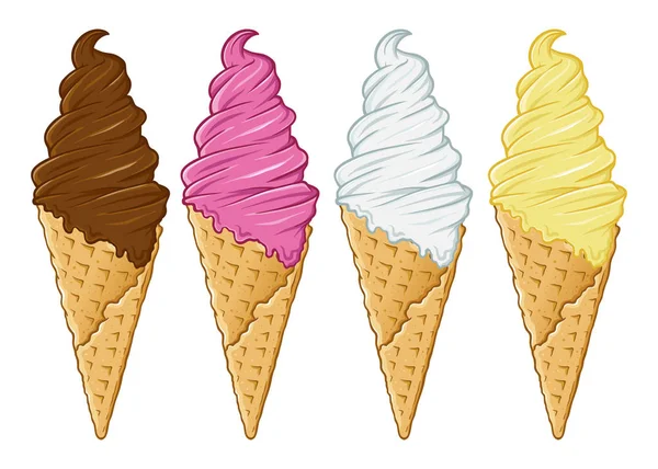 美味的冰淇淋锥在各种风味和颜色 手绘矢量插图 — 图库矢量图片