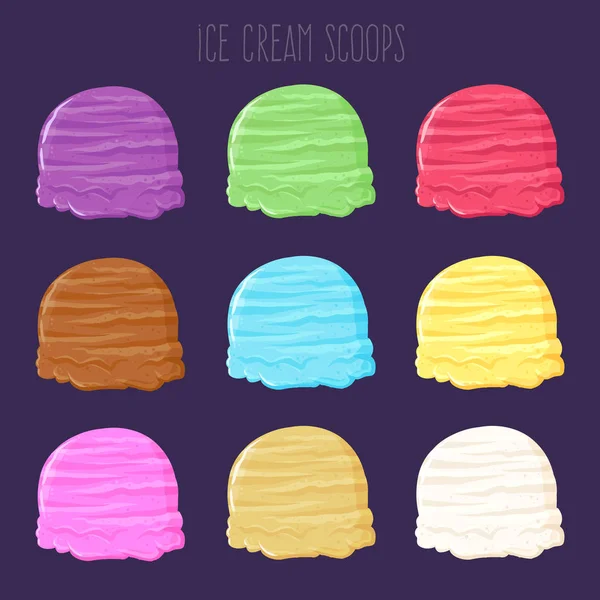 なカラフルな味のおいしいアイス クリーム スクープ コレクション 手描きのベクトル図 — ストックベクタ