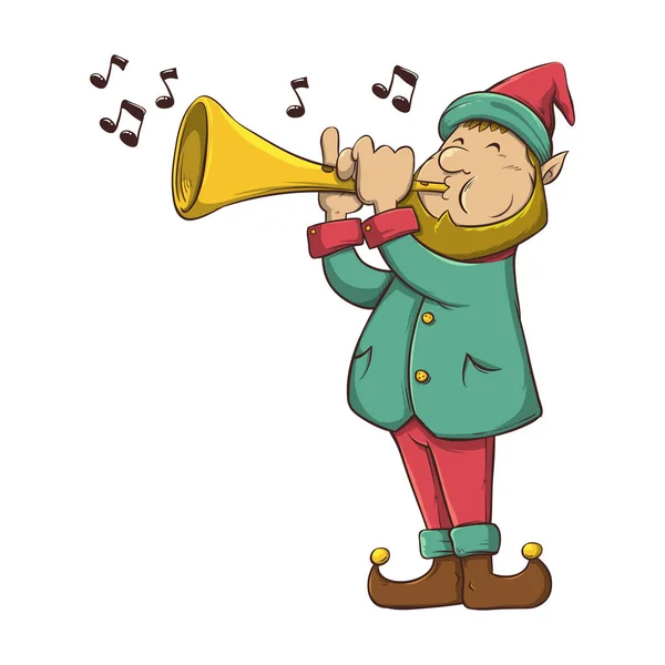Weihnachtselfe Spielt Trompeten Musikinstrument Vektorillustration — Stockvektor