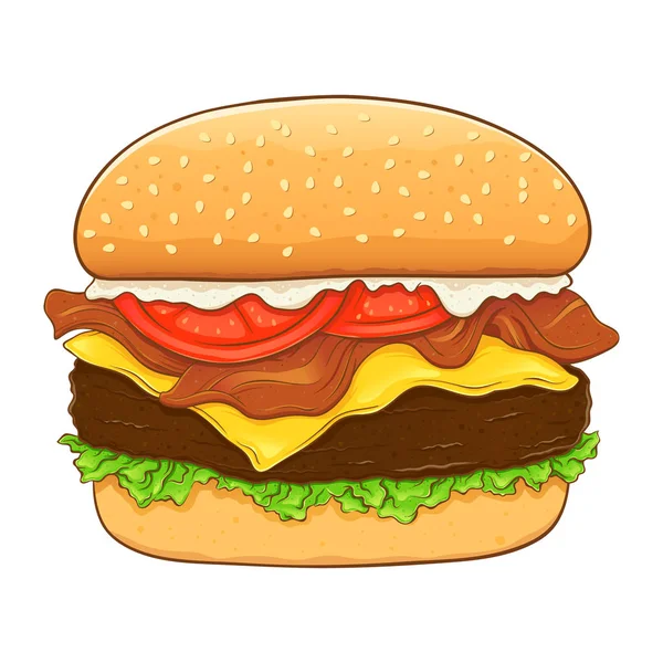 Delicious Hamburger Cheese Bacon Isolated White Background Hand Drawing Vector — Stock Vector