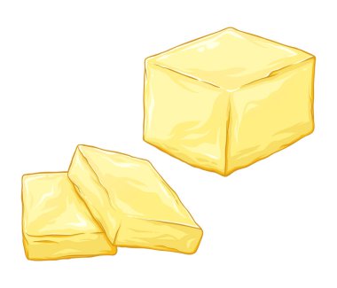 Tereyağ dilimlenmiş ve beyaz arka plan üzerinde izole çizilmiş vektör çizim, doğranmış