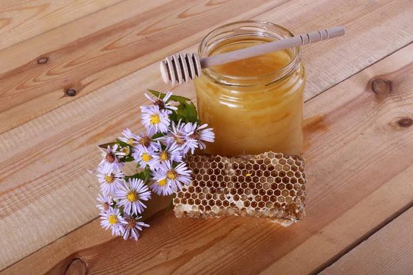 Fresh Honey Glass Jar Honeycomb — Stock Photo, Image