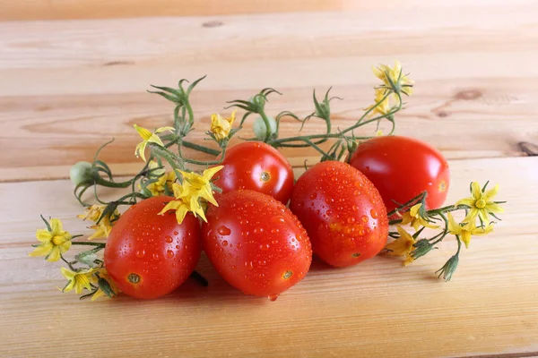 Tomatoes and flowers on table