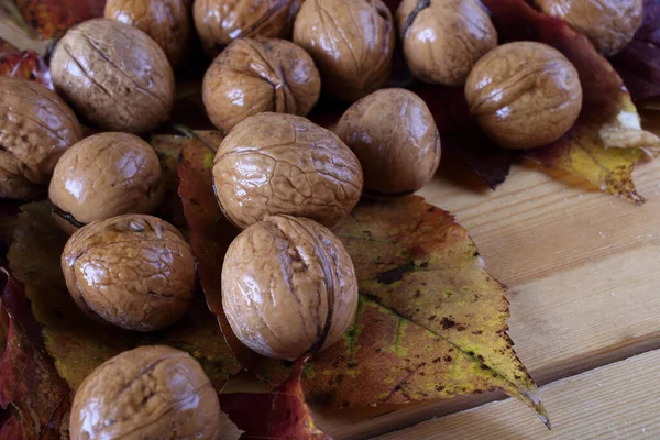 Nueces Hojas Otoño Mesa —  Fotos de Stock