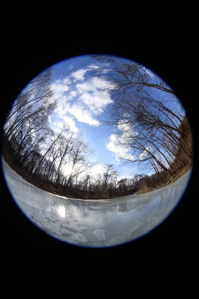 Frozen River Forest Circular Fisheye Landscape — Stock Photo, Image