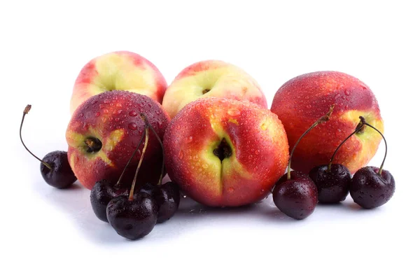 Nectarine Cherries White Background Stock Image