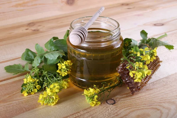 Fresh Honey Glass Jar Honeycomb — Stock Photo, Image