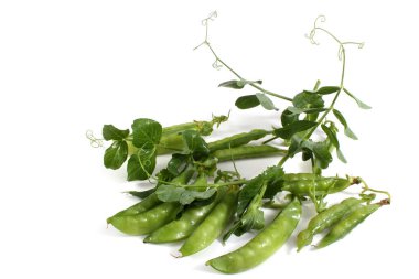 Beyaz arkaplanda yeşil bezelyeler izole