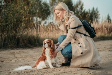 Köpekle seyahat et. Genç bir kadın, sırtında sırt çantasıyla, cocker spaniel 'iyle yürüyor.