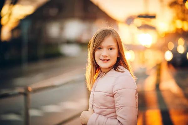 Outdoor Portrait Cute Little Preteen Girl Sunset Light — Stock Photo, Image