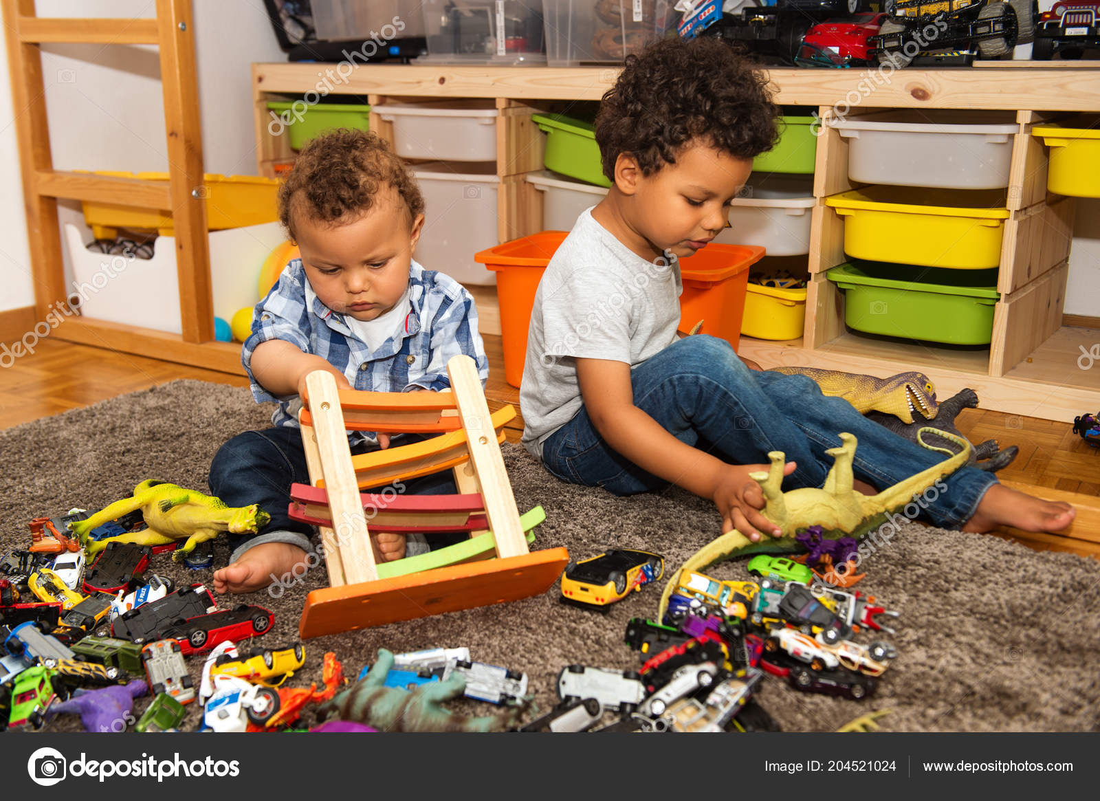 Two Funny Messy Baby Brothers Playing Together Kids Room