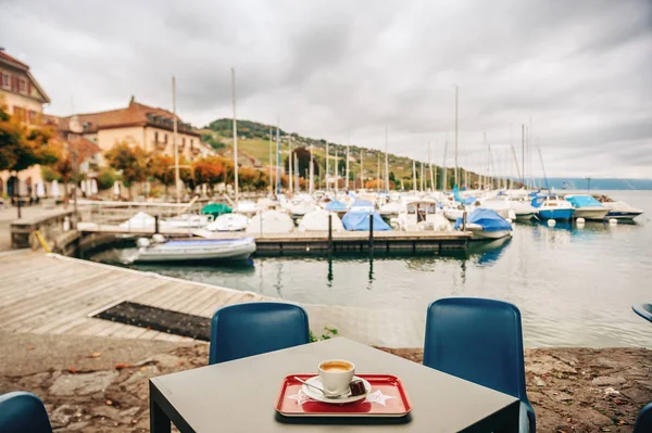 Wcześnie Rano Kawa Relaksując Się Mały Port Regionie Jezioro Genewskie — Zdjęcie stockowe