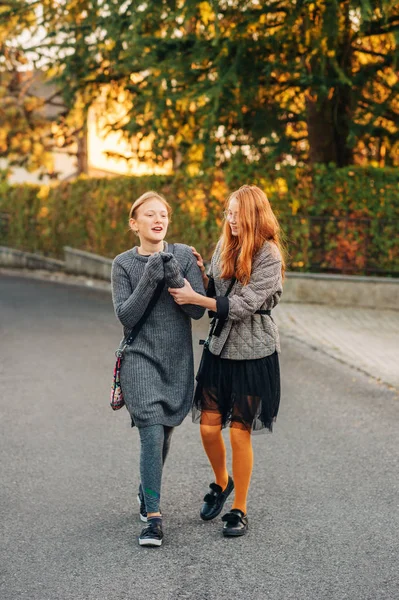Gruppe Von Zwei Lustigen Mädchen Die Draußen Spazieren Gehen Mode — Stockfoto