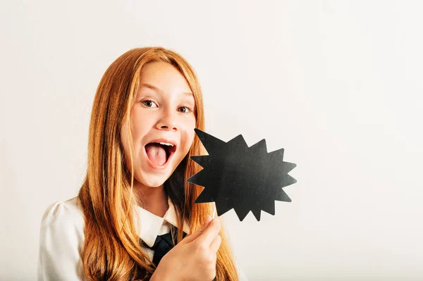 Studio Shot Young Red Haired Kid Girl Holding Paper Speech — Stock Photo, Image