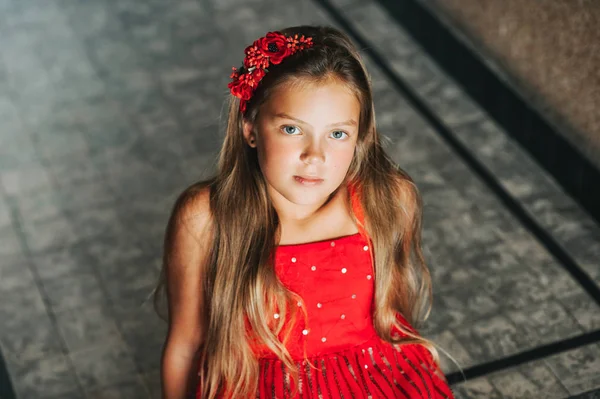 Portrait Young Girl Model Wearing Red Dress — Stock Photo, Image