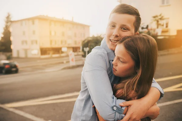 Outdoor Portrait Happy Boy Girl Brother Hugging Little Sister — Stock Photo, Image