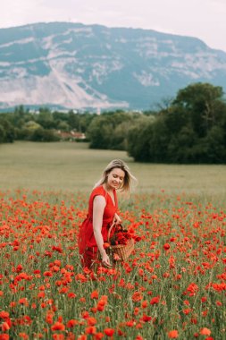 Haşhaş alanının muhteşem manzarayı, kırmızı elbise giyen sarışın saçlı güzel kadın. İsviçre'nin Cenevre alınan görüntü