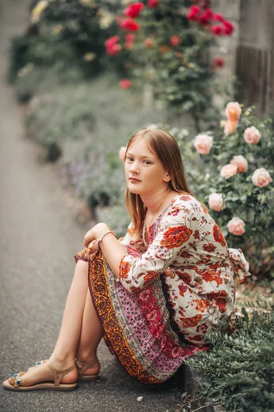 Summer Portrait Pretty Little Girl Wearing Colorful Dress Posing Rose — Stock Photo, Image