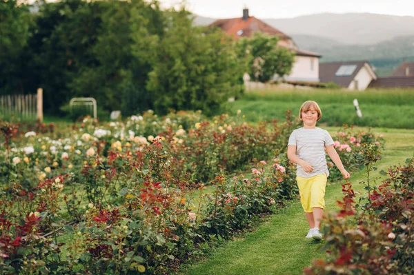 在玫瑰花园玩耍的可爱的小男孩的夏天画像 — 图库照片