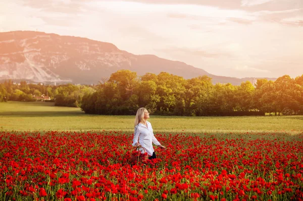 Young Blond Woman Enjoying Amazing View Poppy Field Saleve Mountain — Stock Photo, Image