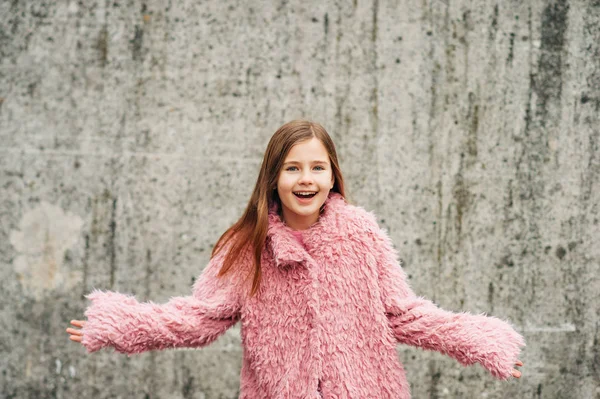 Outdoor Portrait Excited Little Girl Wearing Faux Fur Pink Coat — Stock Photo, Image