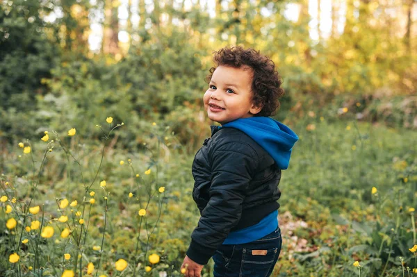 Adorable African Toddler Boy Hiking Spring Forest — Stock Photo, Image