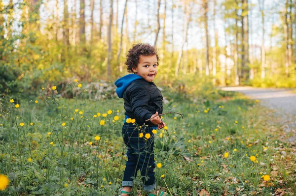 Adorable African Toddler Boy Hiking Spring Forest — Stock Photo, Image