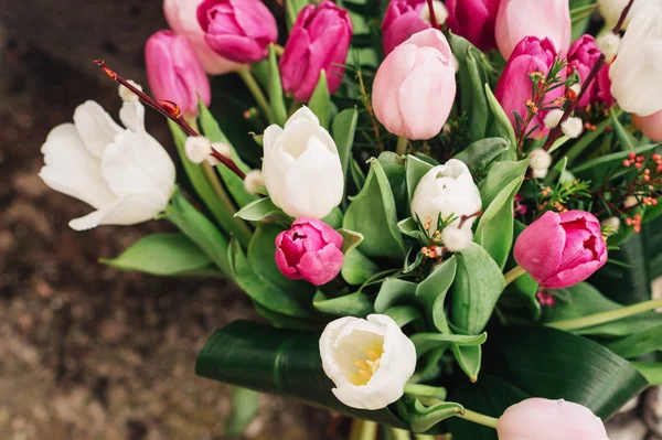 Bos Van Roze Witte Tulpen Bloem Achtergrond — Stockfoto