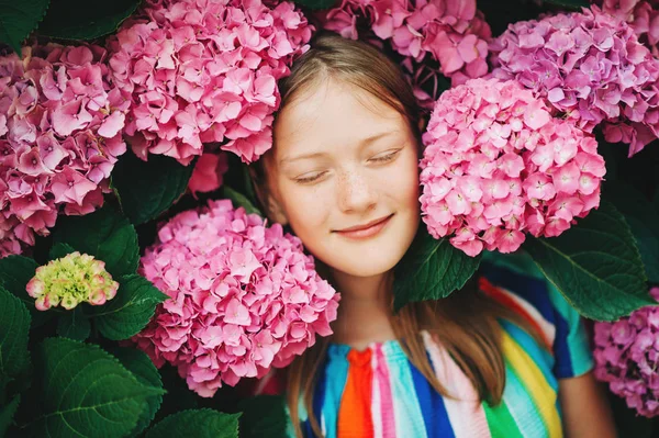 Daydreaming Pretty Kid Girl Close Portrait Pink Hydrangea Flowers Eyes — Stock Photo, Image