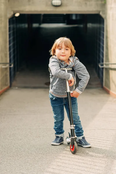 Portrait Adorable Young Years Old Blond Boy Leaning His Scooter — Stock Photo, Image