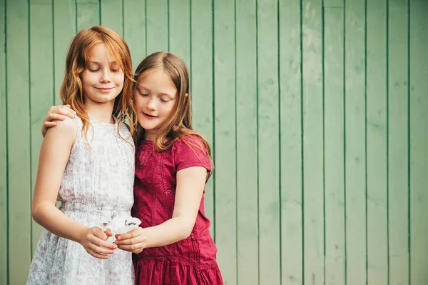 Utomhus Porträtt Två Bedårande Små Flickor Bär Klänningar Stående Mot — Stockfoto