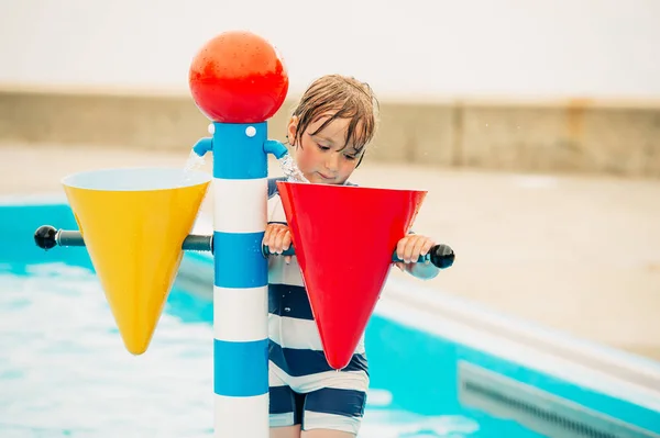 Cute Little Boy Playing Baby Pool Nice Summer Day — Stock Photo, Image