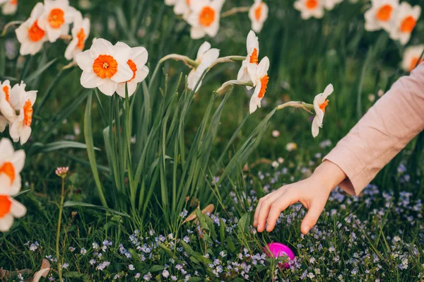 Liten Flicka Samla Färgglada Ägg Park Påsk Jakten Koncept — Stockfoto