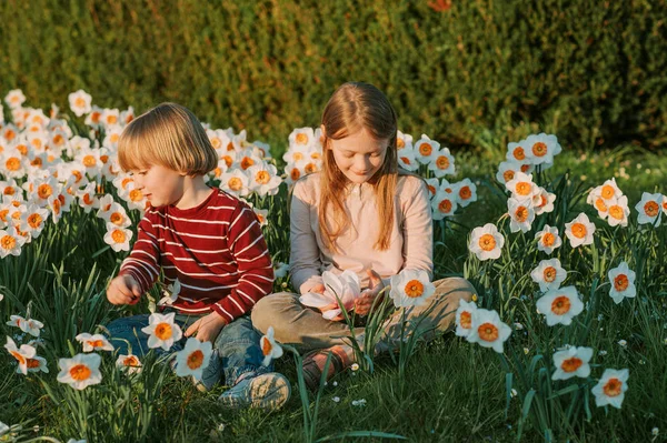 Two Cute Kids Little Boy His Big Sister Playing Park — Stock Photo, Image