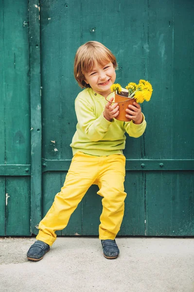 Outdoor Portrait Cute Little Boy Wearing Yellow Pullover Trousers Blue — Stock Photo, Image