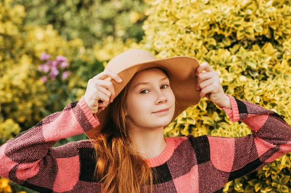 Outdoor Close Portrait Pretty Young Red Haired Girl Wearing Brown — Stock Photo, Image