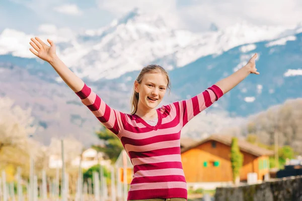 Outdoor Portrait Happy Young Teenage Girl Hiking Mountains Arms Wide — Stock Photo, Image