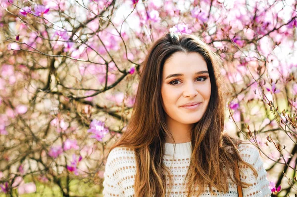 Outdoor Portrait Beautiful Young Woman Wearing White Pullover Posing Pink — Stock Photo, Image