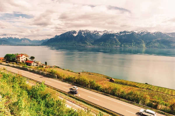 Motorväg Schweiz Väg Med Fantastisk Utsikt Intill Genèvesjön — Stockfoto