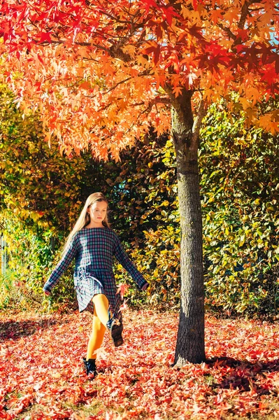 在阳光明媚的日子里 小女孩在树下玩树叶 — 图库照片