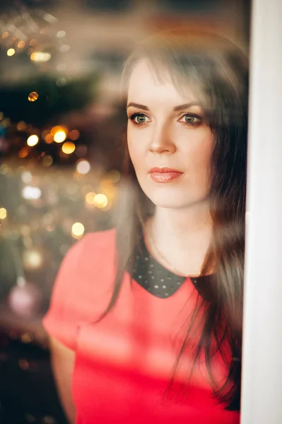 Christmas Portrait Beautiful Woman Dark Hair Wearing Red Dress Image — Stock Photo, Image