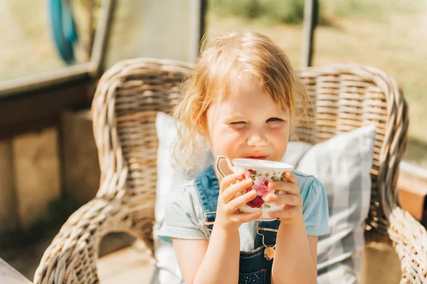 Funny Little Girl Drinking Tea Sunny Terrace — Stock Photo, Image