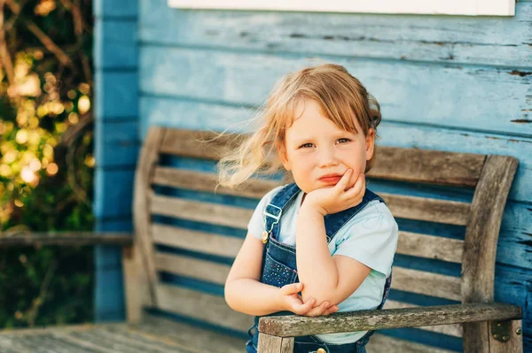 Outdoor Portrait Cute Little Girl Sitting Bench Happy Childhood Countryside — Stock Photo, Image