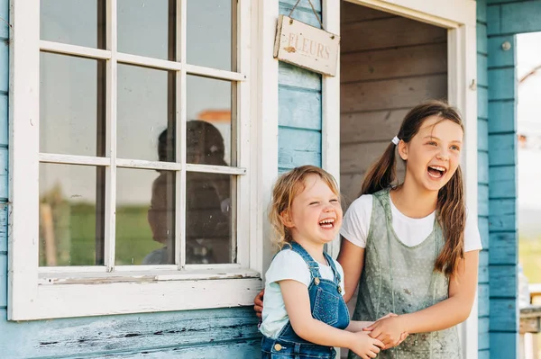 Buiten Portret Van Twee Grappige Zusters Knuffelen Elkaar Lachen Gelukkige — Stockfoto