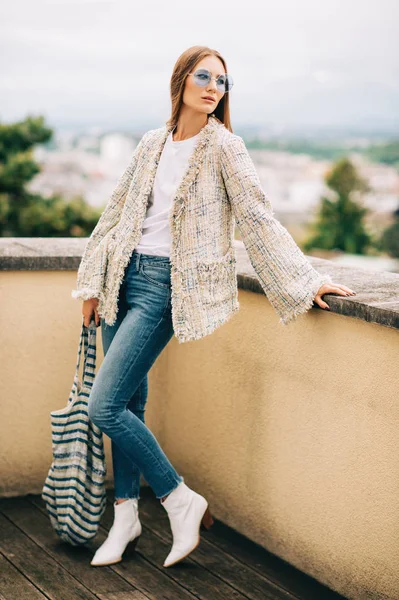 Outdoor Fashion Portrait Young Woman Wearing Stylish Jacket Denim Jeans — Stock Photo, Image