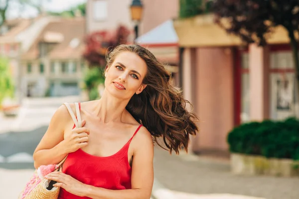 Summer Portrait Happy Woman Beautiful Hair Style Wearing Red Dress — Stock Photo, Image