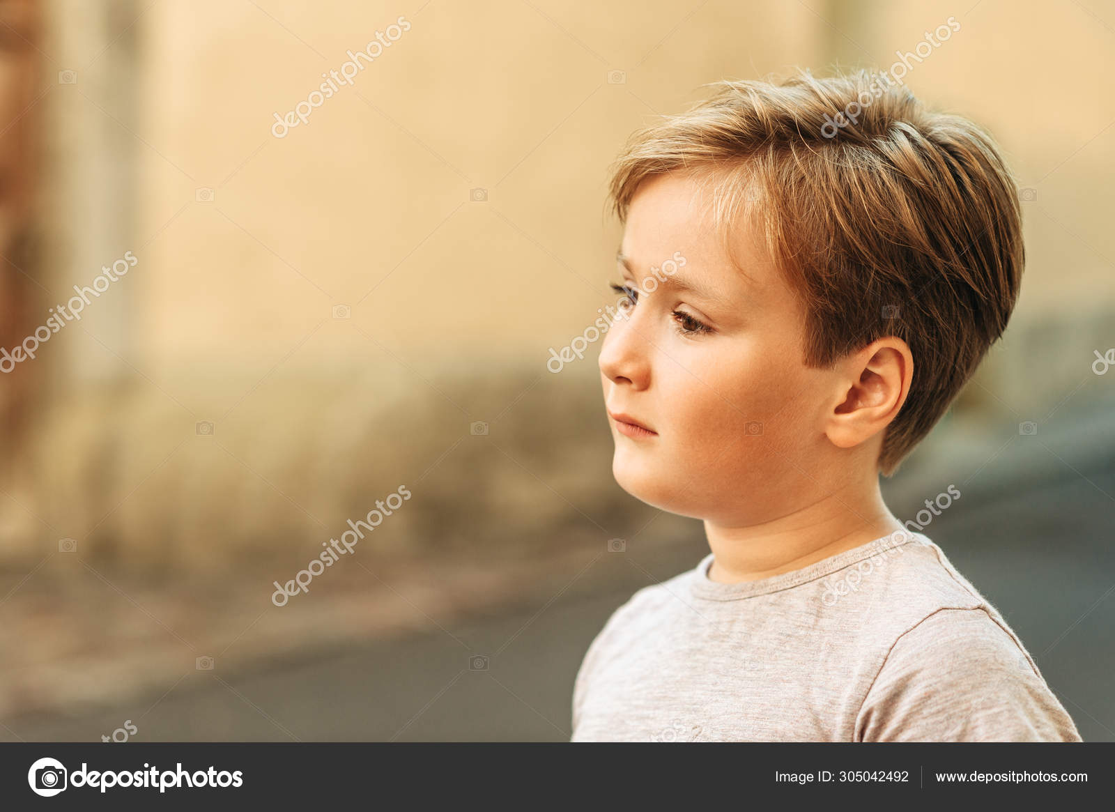 Outdoor Portrait Handsom Little Boy New Haircut Stock Photo
