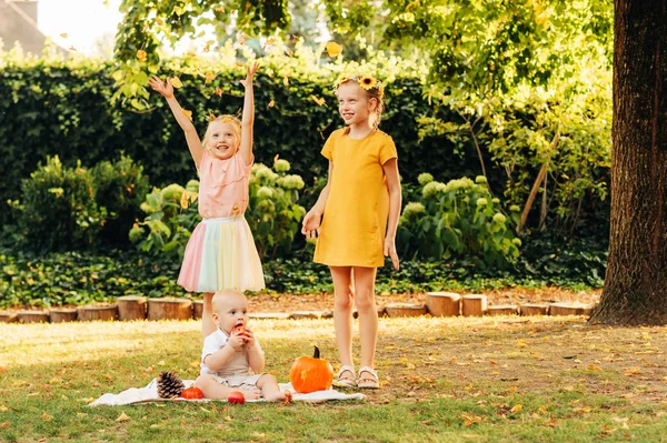 Retrato Estilo Outono Para Crianças Pequenas Irmãs Menino Brincando Parque — Fotografia de Stock