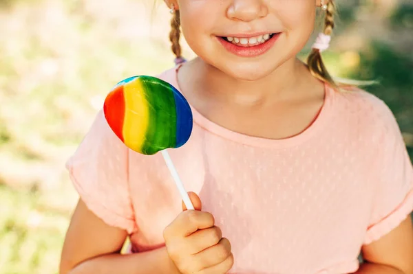 Outdoor Close Portrait Funny Little Girl Lollipop Candy Sunny Park — Stock Photo, Image